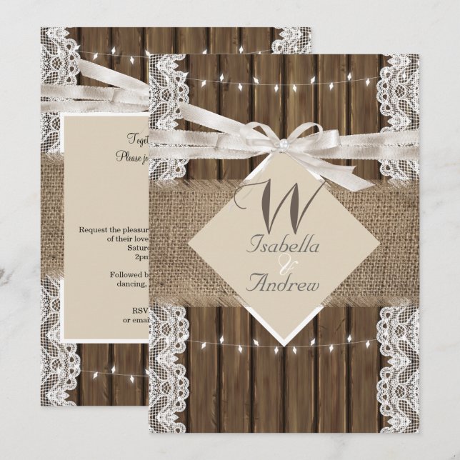 Invitation Mariage Russe Beige Blanc dentelle Bois Burlap 5 (Devant / Derrière)