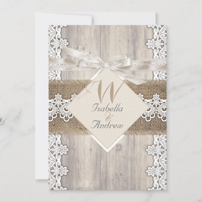 Invitation Mariage Russe Beige Blanc dentelle Bois Burlap AB (Devant)