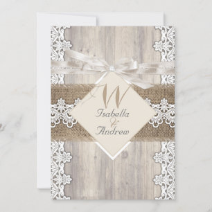 Invitation Mariage Russe Beige Blanc dentelle Bois Burlap AB