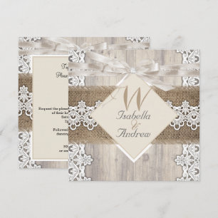 Invitation Mariage Russe Beige Blanc dentelle Bois Burlap AB