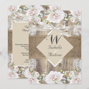 Invitation Mariage Russe Beige Blanc Roses Bois Burlap