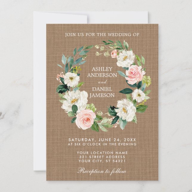 Invitation Mariage Russe Burlap Rose Blanc Floral Wreath (Devant)