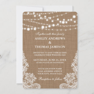 Invitation Mariage Russe Burlap String Lights Lace Card R