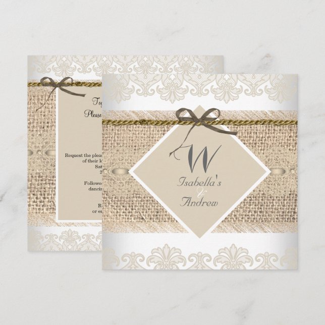Invitation Mariage Russe Dentelle beige Burlap Blanc (Devant / Derrière)