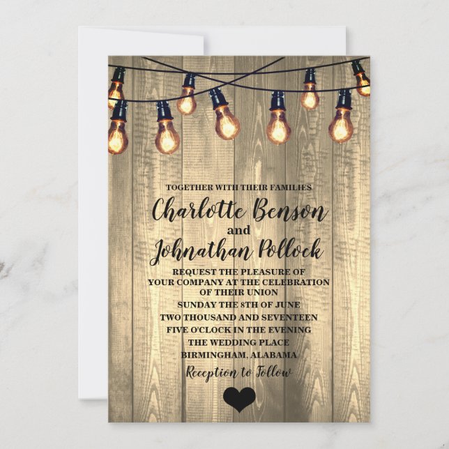 Invitation Mariage Rustic Barn Wood & Edison Bulles (Devant)