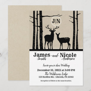 Invitation Mariage Rustic Male & Femme Doe Deer Black Birch
