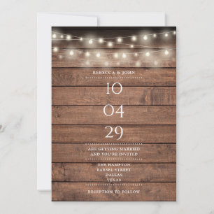 Invitation Mariage Rustic Wood String Lights Date