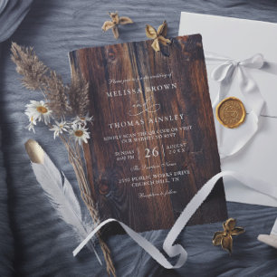 Invitation Mariage rustique à la campagne avec code QR en boi