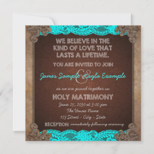 Invitation Mariage rustique à l'ancienne Bleu sarcelle et Mar