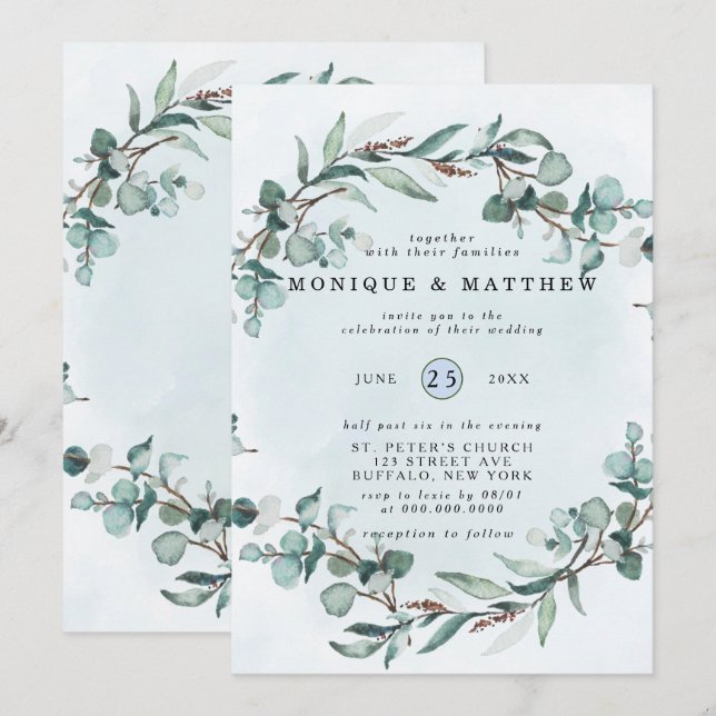 Invitation Mariage rustique avec eucalyptus de couleur bleu p (Devant / Derrière)