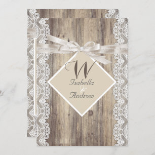 Invitation Mariage rustique Beige Blanc dentelle bois