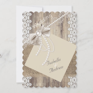 Invitation Mariage rustique beige perle dentelle bois toile d