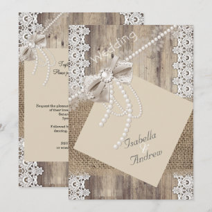 Invitation Mariage Rustique Beige Perle Dentelle Bois Toile d