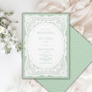 Invitation Mariage rustique blanc vintage vert pois lacé