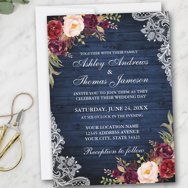 Invitation Mariage Rustique Bleu Bois Bourgogne Dentelle Flor (Customize to add more text or photos to back of card.)