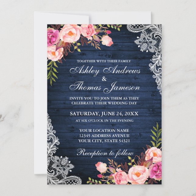 Invitation Mariage Rustique Bleu Bois rose dentelle florale (Devant)