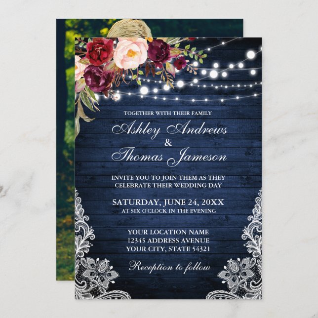 Invitation Mariage rustique Bleu Lumières dentelle Florale Ph (Devant / Derrière)