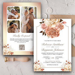 Invitation Mariage Rustique Boho Rose Gold Ivoire Code QR Flo