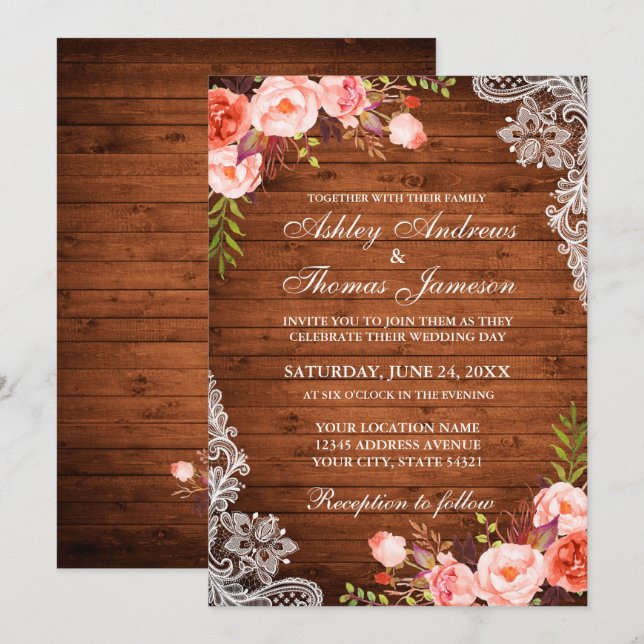 Invitation Mariage Rustique  Bois Coral Floral dentelle Invit (Devant / Derrière)