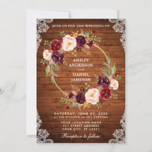 Invitation Mariage rustique Bois Floral Dentelle de couronnes