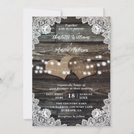 Invitation Mariage Rustique Bois Floral Lace Burlap Coeurs