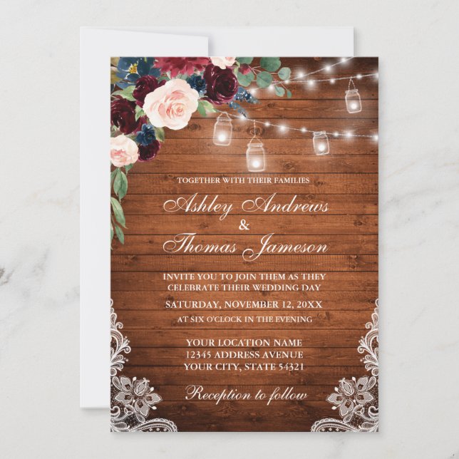 Invitation Mariage Rustique Bois Lumières Jars Lace Floral (Devant)