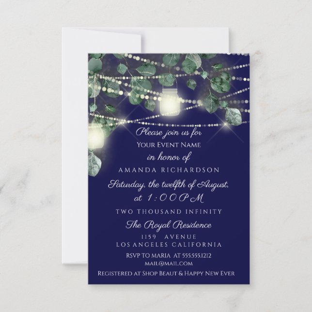 Invitation Mariage Rustique Bois Or Nuit Pots Lumières (Devant)
