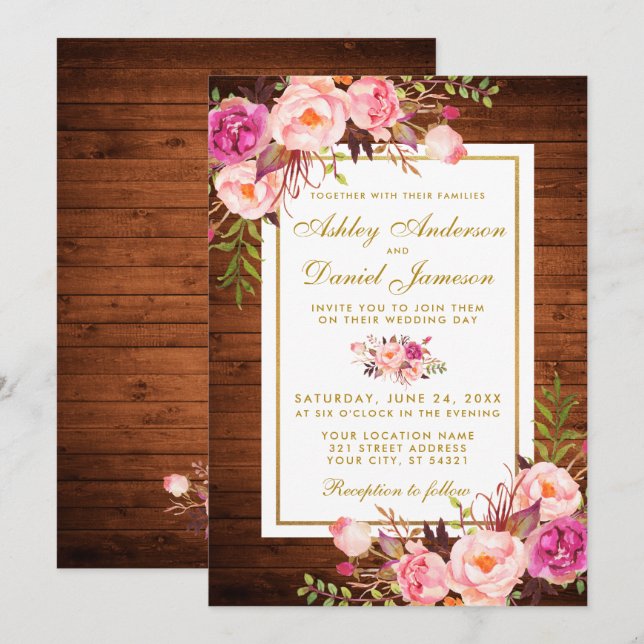 Invitation Mariage rustique Bois rose Floral Mariage Inviter (Devant / Derrière)