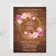 Mariage rustique Bois rose Floral Wreath Invitatio