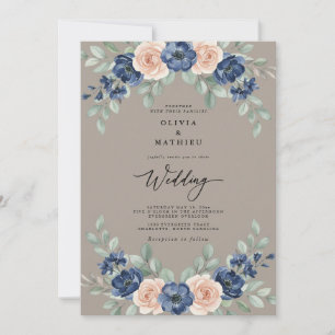 Invitation Mariage rustique botanique taupe marine