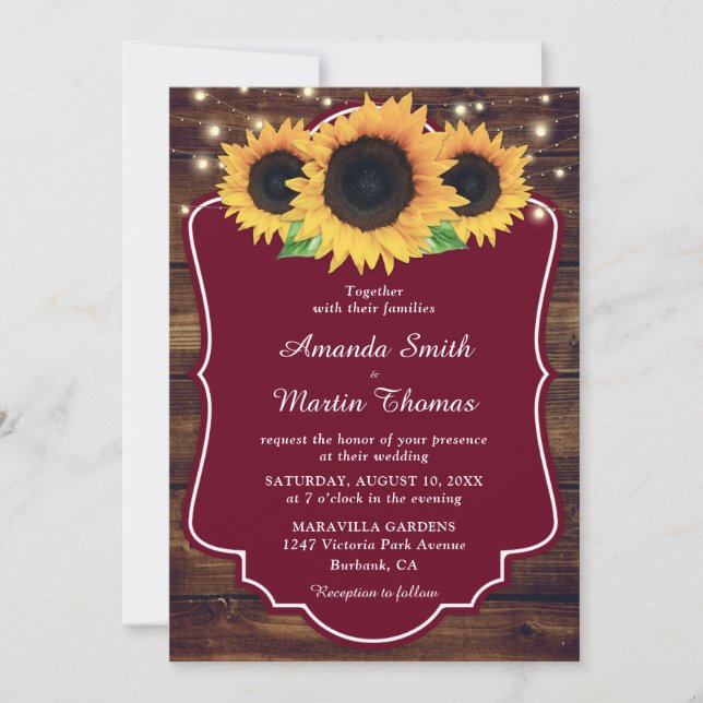 Invitation Mariage rustique Bourgogne Tournesol vert (Devant)