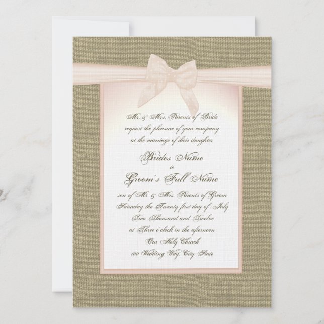 Invitation Mariage rustique Burlap et Blush Pink Bow (Devant)