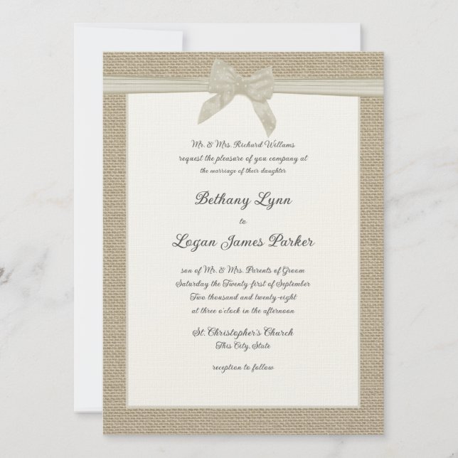 Invitation Mariage rustique Burlap et Bow (Devant)