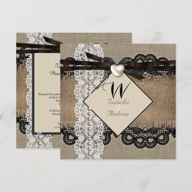 Invitation Mariage rustique Burlap Hessian Lace Pearl Heart (Devant / Derrière)