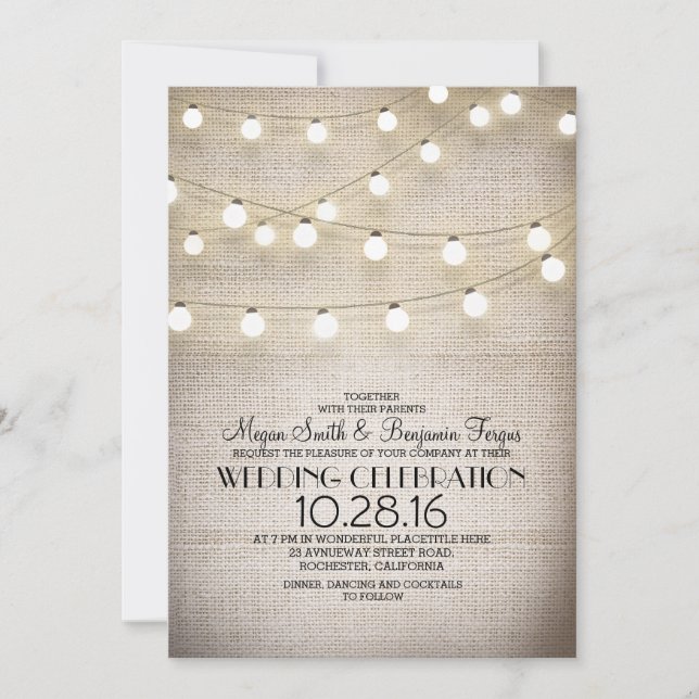 Invitation Mariage Rustique Burlap Lace et String Lights (Devant)