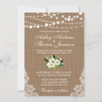 Mariage rustique Burlap Lace Lights Floral Invitat