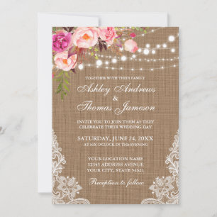 Invitation Mariage rustique Burlap Lights Floral Lace Invitat