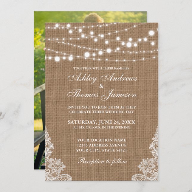 Invitation Mariage Rustique Burlap String Lights Lace Invitat (Devant / Derrière)