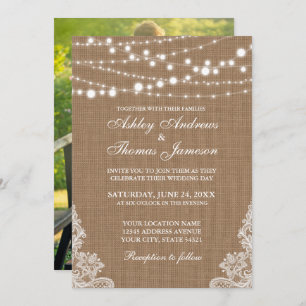 Invitation Mariage Rustique Burlap String Lights Lace Invitat