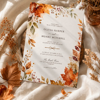 Invitation Mariage rustique d'automne à l'aquarelle avec feui