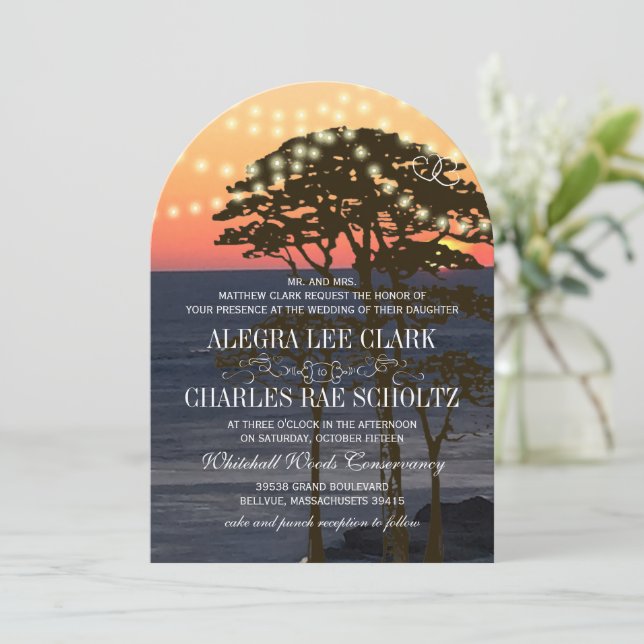 Invitation Mariage rustique de forêt de coucher de soleil (Debout devant)