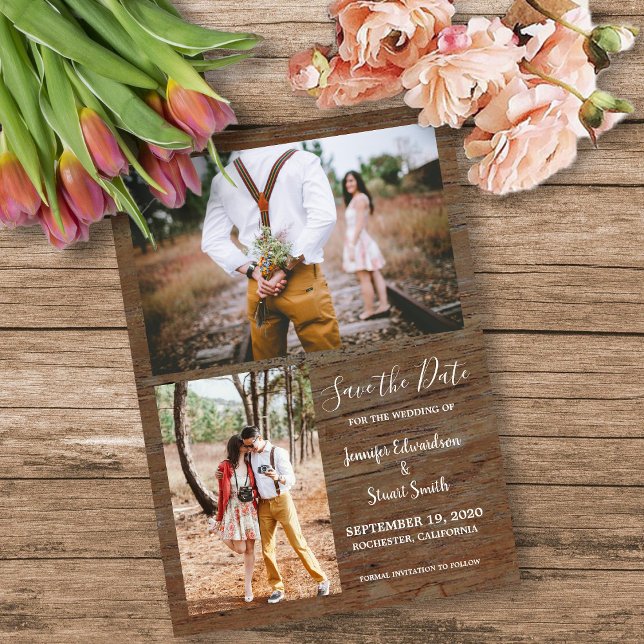 Invitation Mariage rustique de la grange en bois photo collag (Rustic barn wood photo collage rustic wedding invitation.)
