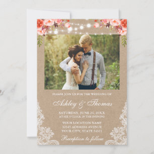 Invitation Mariage rustique dentelle corail floral photo kraf