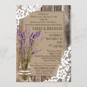 Invitation Mariage rustique dentelle en bois de lavande