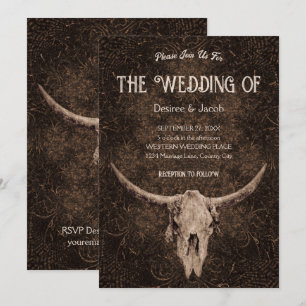Invitation Mariage rustique élégant Brown Western Bull Skull