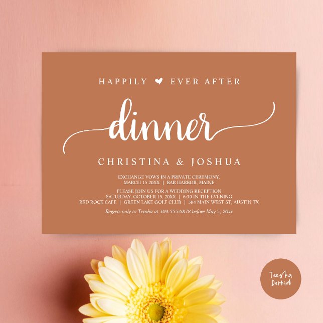 Invitation Mariage Rustique Elopement Heureux Jamais Après Le (Happily Ever After Dinner Invitation Card, Modern Elopement Rustic Script, PDF, Copper Brown)