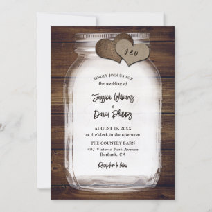 Invitation Mariage Rustique en Bois avec Pot Mason et Cœurs d