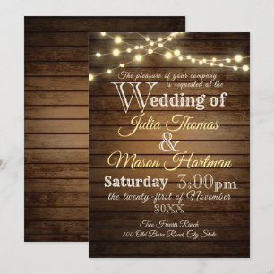 Invitation Mariage rustique en bois de tonneau et lampes à co