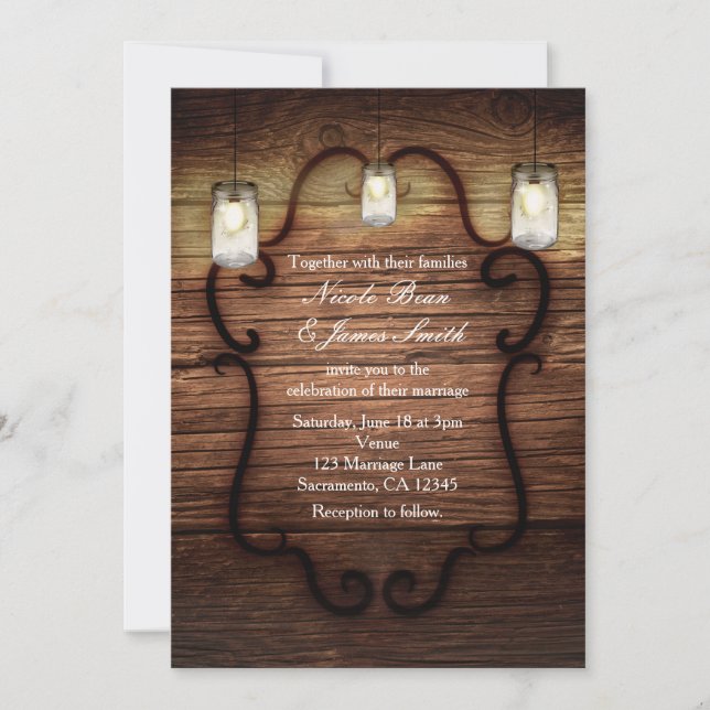 Invitation Mariage rustique en bois et bocaux Mason Lumière (Devant)