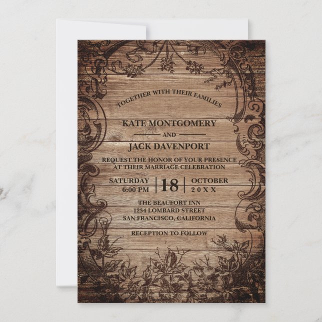 Invitation Mariage rustique en bois gravé vintage (Devant)